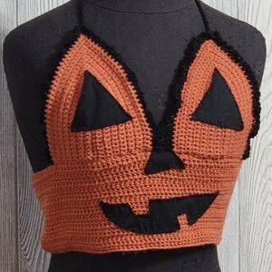 Jack-o-Lantern Halloween Halter Lace-Up Crop Top Crochet Longline Bralette M/L